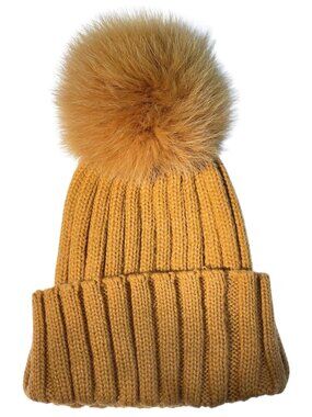 Kid's Adrienne Landau Knit Beanie with Fox Fur Pom in Caramel
